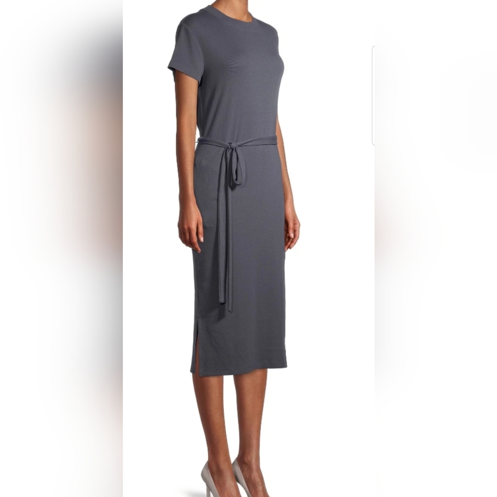 Time and Tru Long Midi Short Sleeve Belted Gray Side Splits Dress Large - Picture 3 of 9
